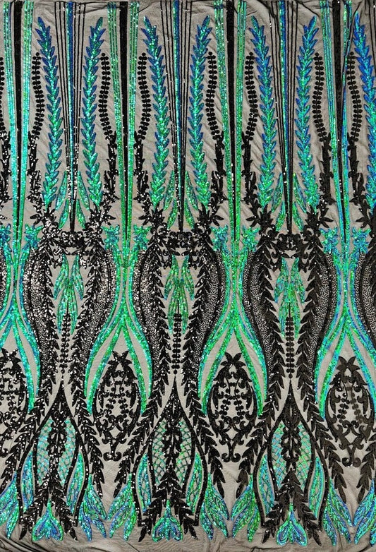 Shark Tail Fashion Design with Sequins Embroider on a 4 Way Stretch Mesh Fabric-Sold by The Yard. Green Iridescent