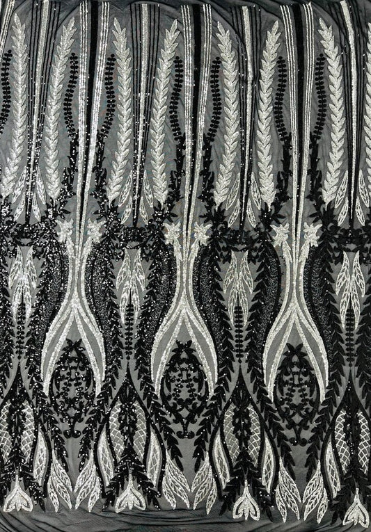 Shark Tail Fashion Design with Sequins Embroider on a 4 Way Stretch Mesh Fabric-Sold by The Yard. Silver Black