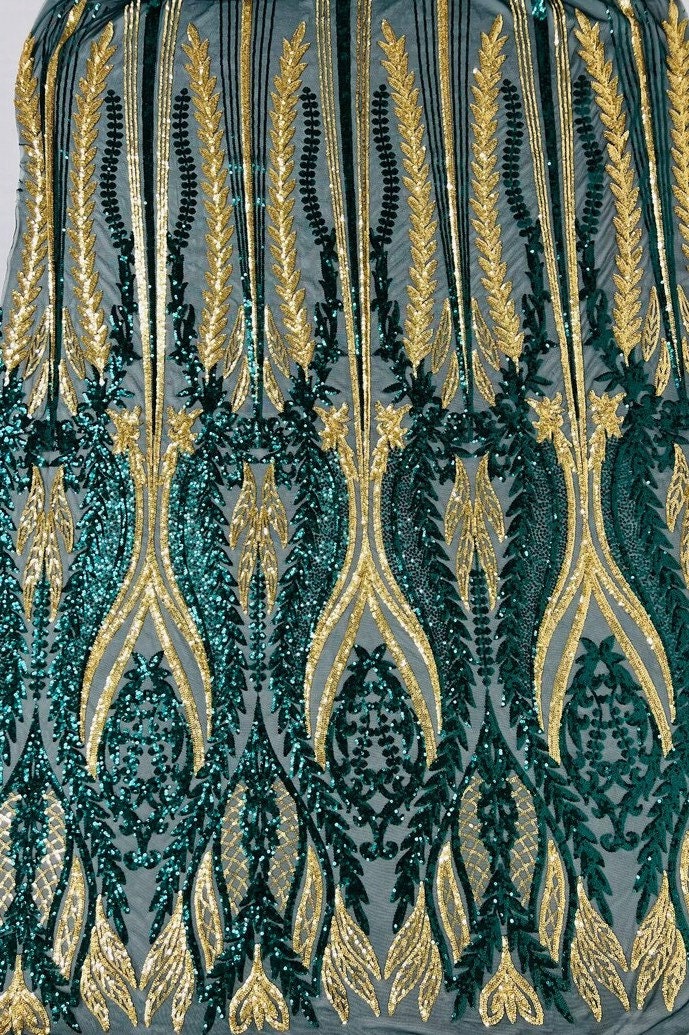 Shark Tail Fashion Design with Sequins Embroider on a 4 Way Stretch Mesh Fabric-Sold by The Yard. Hunter Gold