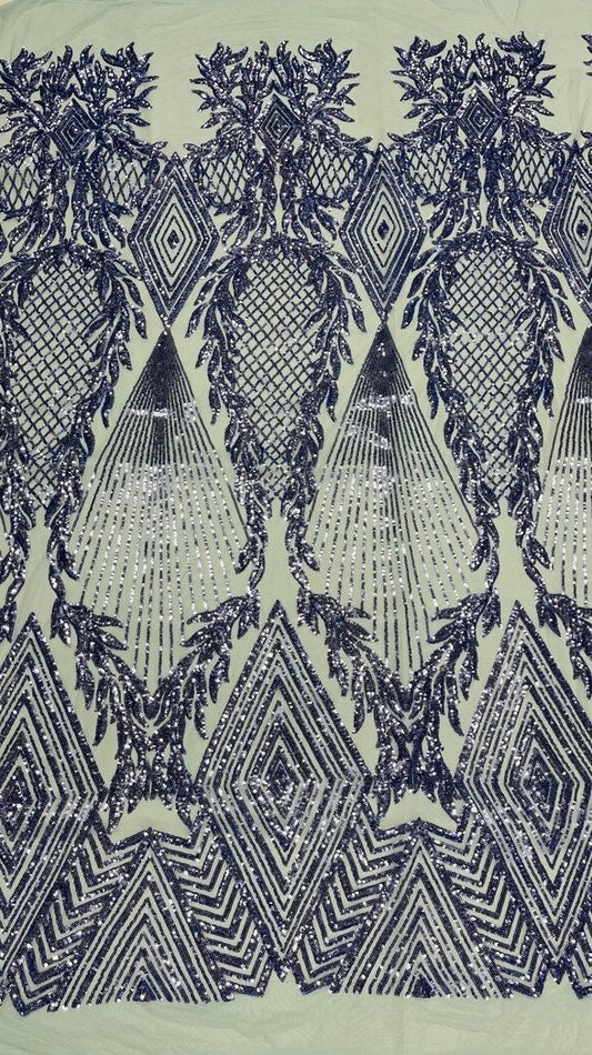 Geometric Diamond Luxury Fashion Design with Sequins Embroider on a 4 Way Stretch Mesh Fabric-Sold by The Yard. Navy Blue