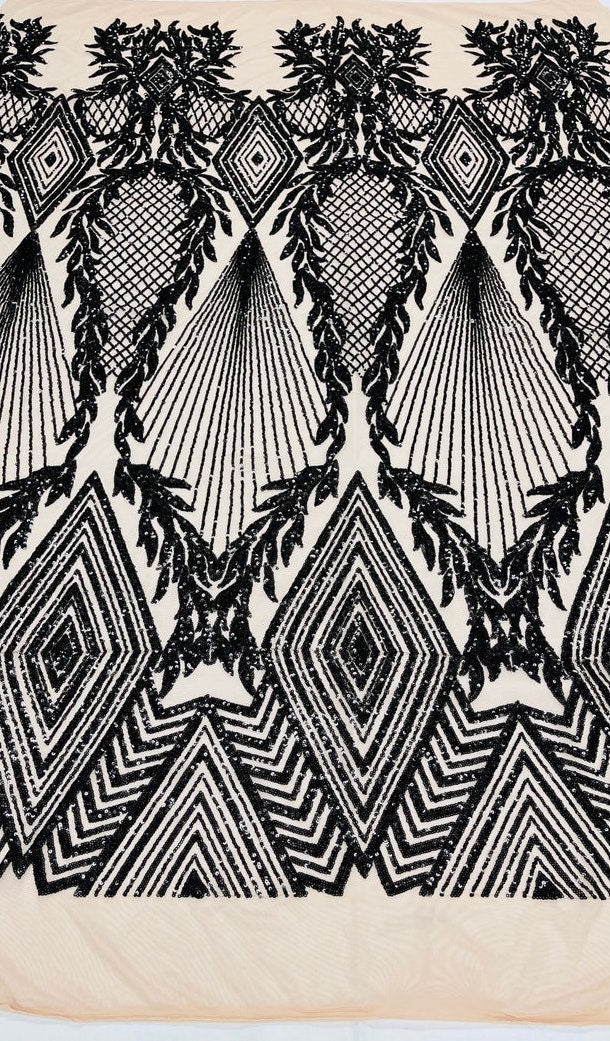 Geometric Diamond Luxury Fashion Design with Sequins Embroider on a 4 Way Stretch Mesh Fabric-Sold by The Yard. Black Nude