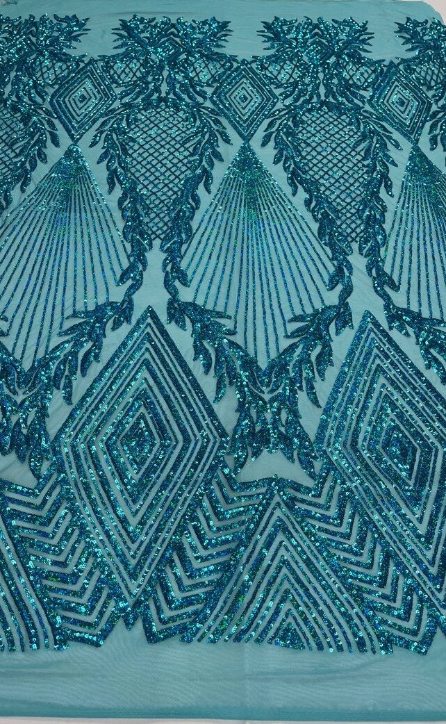 Geometric Diamond Luxury Fashion Design with Sequins Embroider on a 4 Way Stretch Mesh Fabric-Sold by The Yard. Turquoise