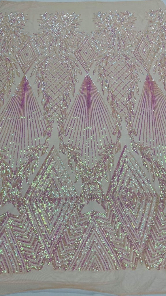 Geometric Diamond Luxury Fashion Design with Sequins Embroider on a 4 Way Stretch Mesh Fabric-Sold by The Yard. Barbie Pink