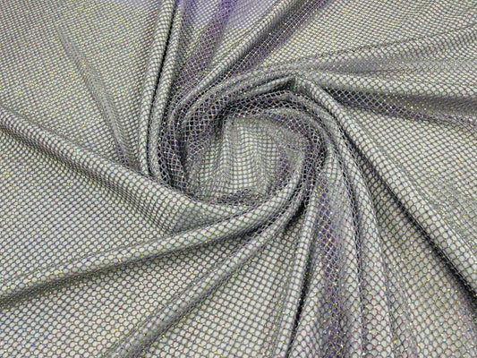 Rhinestones On Soft Stretch Fish Net Fabric 45" Wide -Sold by The Yard. Lilac