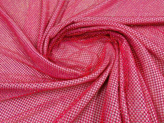 Rhinestones On Soft Stretch Fish Net Fabric 45" Wide -Sold by The Yard. Fuchsia