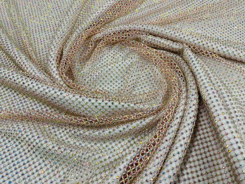 Rhinestones On Soft Stretch Fish Net Fabric 45" Wide -Sold by The Yard. Blush