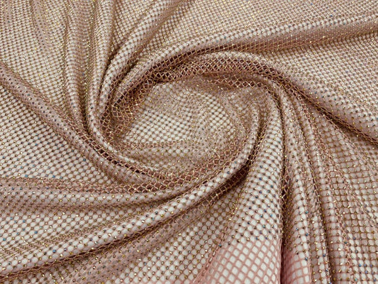 Rhinestones On Soft Stretch Fish Net Fabric 45" Wide -Sold by The Yard. Dusty Rose