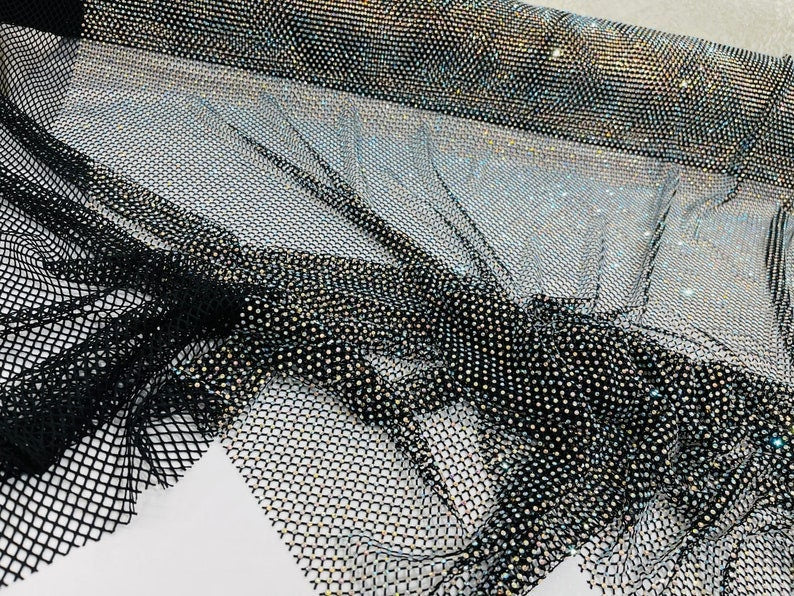 Rhinestones On Soft Stretch Fish Net Fabric 45" Wide -Sold by The Yard. Black