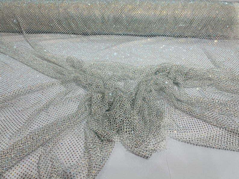 Rhinestones On Soft Stretch Fish Net Fabric 45" Wide -Sold by The Yard. White