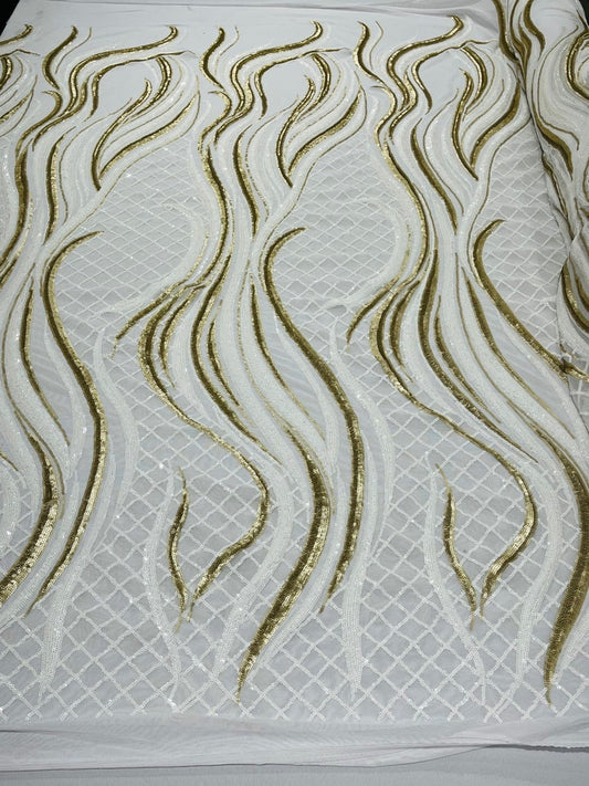 Fire Luxury Fashion Design with Sequins Embroider on a 4 Way Stretch Mesh Fabric-Sold by The Yard. White Matte Gold