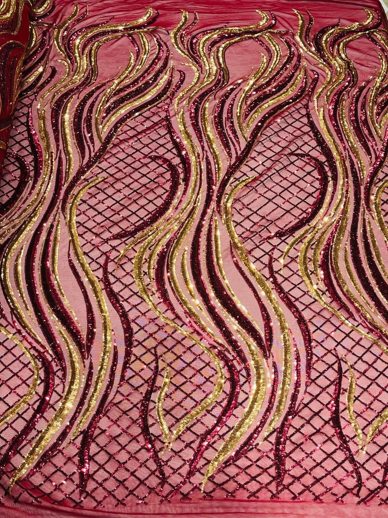 Fire Luxury Fashion Design with Sequins Embroider on a 4 Way Stretch Mesh Fabric-Sold by The Yard. Burgundy Gold