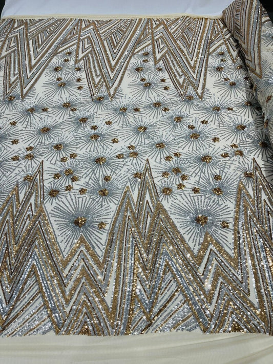 Geometric Luxury Fashion Design with Sequins Embroider on a 4 Way Stretch Mesh Fabric-Sold by The Yard. Silver Gold