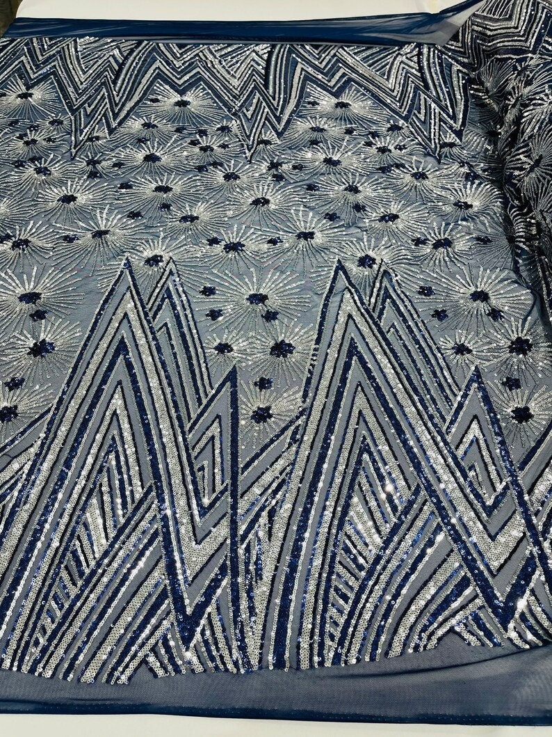 Geometric Luxury Fashion Design with Sequins Embroider on a 4 Way Stretch Mesh Fabric-Sold by The Yard. Navy Silver