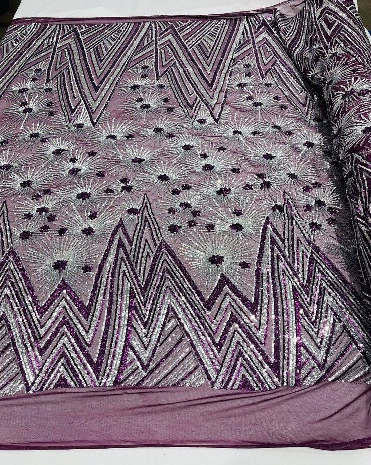 Geometric Luxury Fashion Design with Sequins Embroider on a 4 Way Stretch Mesh Fabric-Sold by The Yard. Eggplant Silver