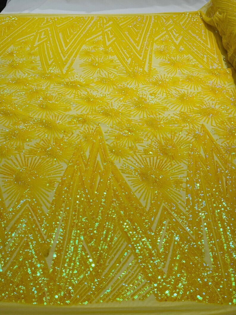 Geometric Luxury Fashion Design with Sequins Embroider on a 4 Way Stretch Mesh Fabric-Sold by The Yard. Yellow Iridescent