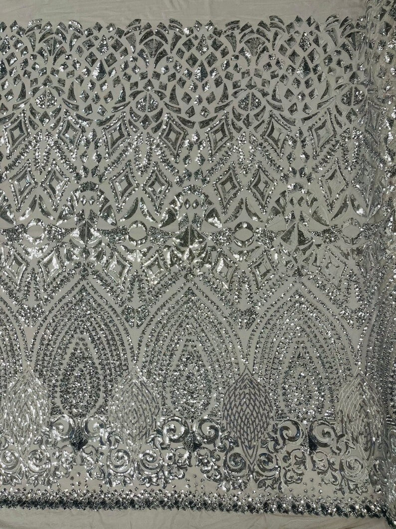 Geometric Luxury Fashion Design with Sequins Embroider on a 4 Way Stretch Mesh Fabric-Sold by The Yard. Silver