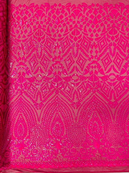 Geometric Luxury Fashion Design with Sequins Embroider on a 4 Way Stretch Mesh Fabric-Sold by The Yard. Neon Hot Pink Iridescent