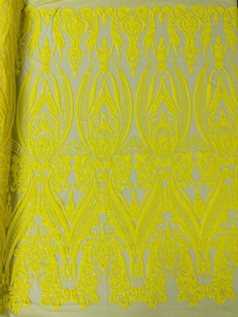 Luxury Fashion Design with Sequins Embroider on a 4 Way Stretch Mesh Fabric-Sold by The Yard. Yellow