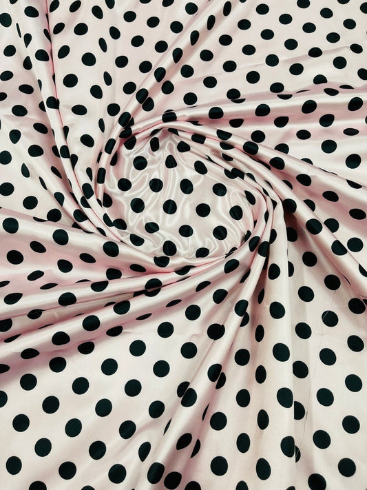 Polka Dot On A Soft Charmeuse Satin Fabric Sold By The Yard-60" Wide 100% Polyester. 1/2 Inch Pink Black