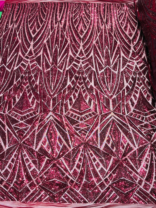 Geometric Luxury Fashion Design with Sequins Embroider on a 4 Way Stretch Mesh Fabric-Sold by The Yard. Burgundy