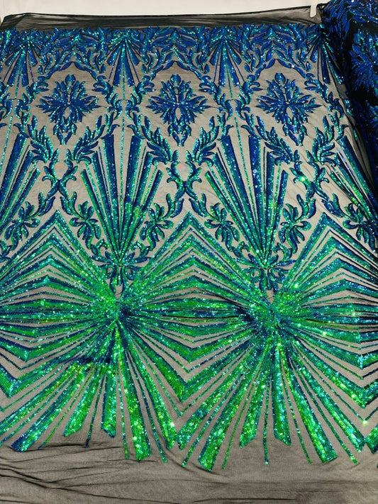 Spider Designs Fashion Design with Sequins Embroider on a 4 Way Stretch Mesh Fabric-Sold by The Yard. Green Iridescent