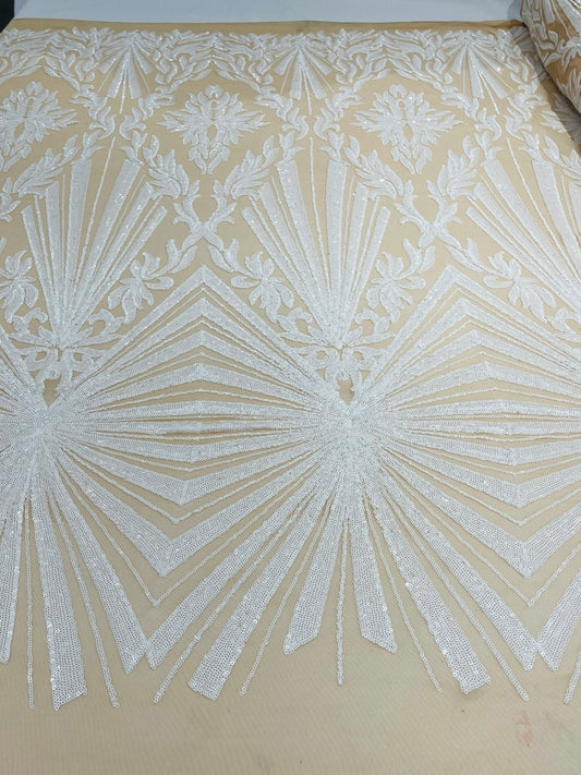 Spider Designs Fashion Design with Sequins Embroider on a 4 Way Stretch Mesh Fabric-Sold by The Yard. White Nude