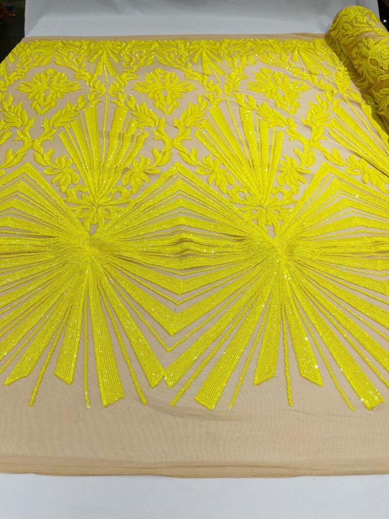 Spider Designs Fashion Design with Sequins Embroider on a 4 Way Stretch Mesh Fabric-Sold by The Yard. Bright Yellow