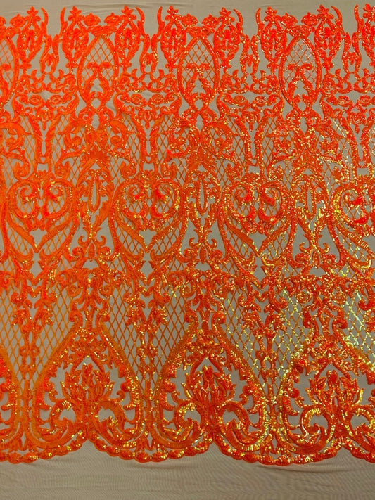 Hight Designs Fashion Design with Sequins Embroider on a 4 Way Stretch Mesh Fabric-Sold by The Yard. Neon Orange Iridescent