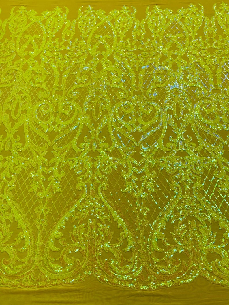 Hight Designs Fashion Design with Sequins Embroider on a 4 Way Stretch Mesh Fabric-Sold by The Yard. Neon Yellow Iridescent