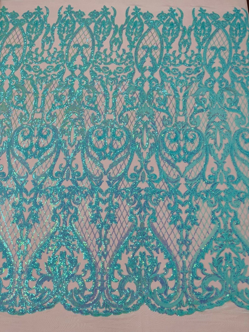 Hight Designs Fashion Design with Sequins Embroider on a 4 Way Stretch Mesh Fabric-Sold by The Yard. Mint Iridescent