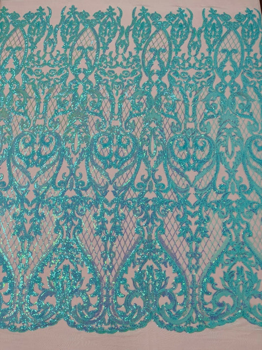 Hight Designs Fashion Design with Sequins Embroider on a 4 Way Stretch Mesh Fabric-Sold by The Yard. Mint Iridescent