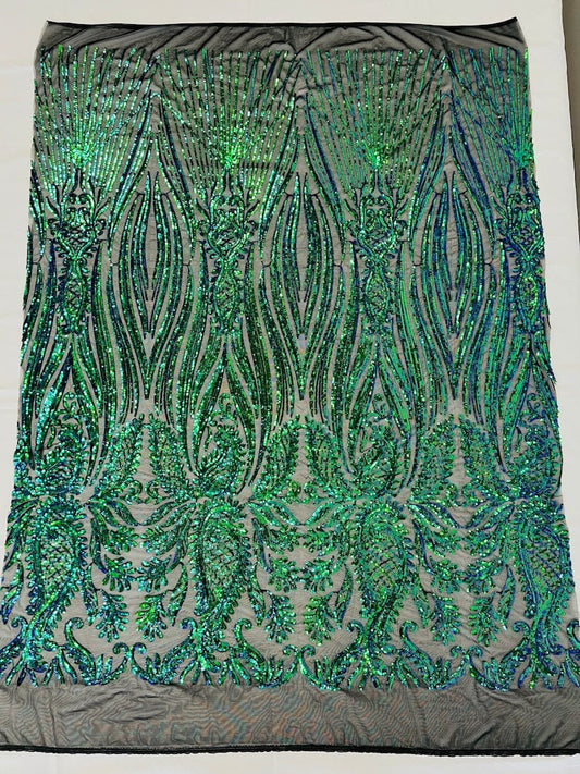 Sword Designs Fashion Design with Sequins Embroider on a 4 Way Stretch Mesh Fabric-Sold by The Yard. Green Iridescent