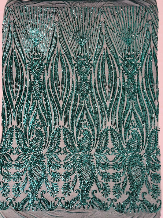 Sword Designs Fashion Design with Sequins Embroider on a 4 Way Stretch Mesh Fabric-Sold by The Yard. Hunter Green