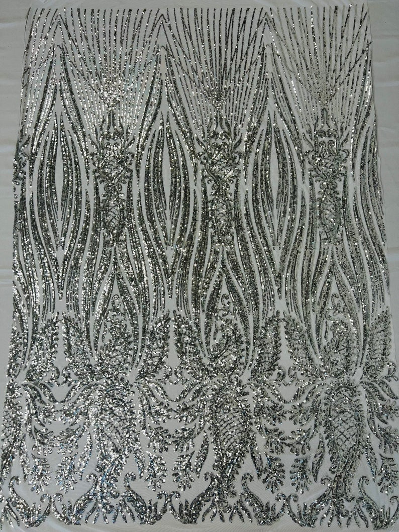 Sword Designs Fashion Design with Sequins Embroider on a 4 Way Stretch Mesh Fabric-Sold by The Yard. Silver