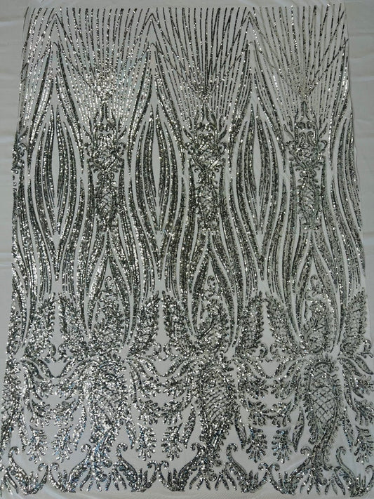 Sword Designs Fashion Design with Sequins Embroider on a 4 Way Stretch Mesh Fabric-Sold by The Yard. Silver