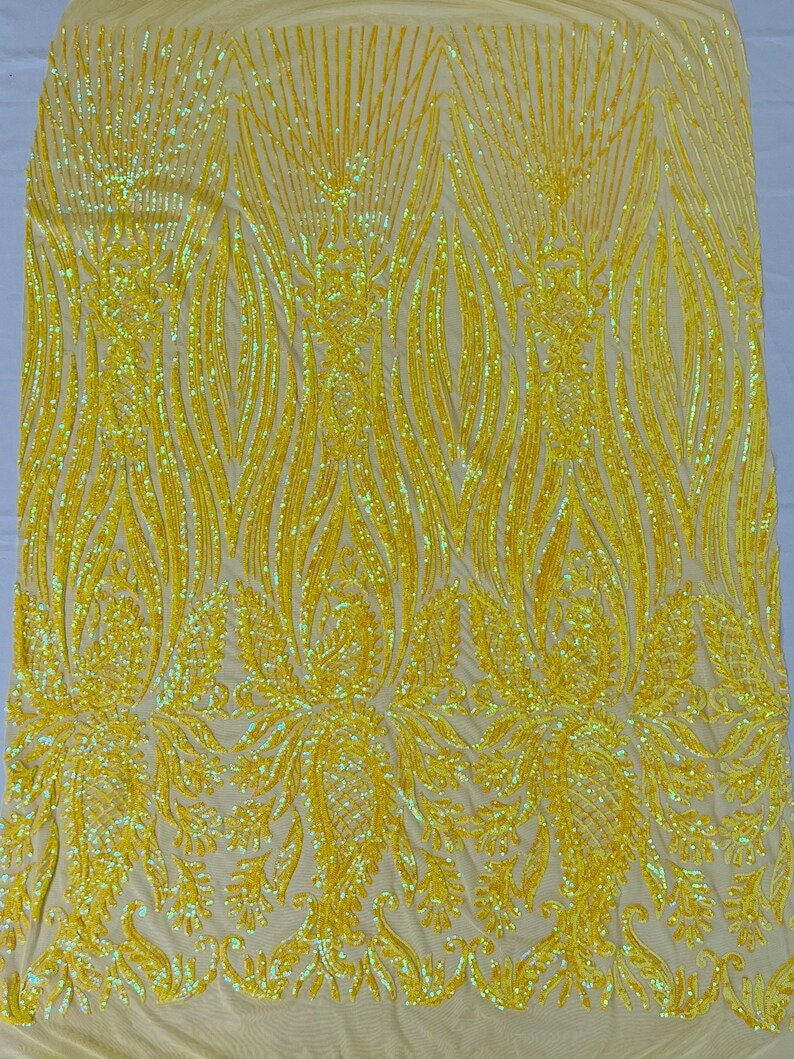 Sword Designs Fashion Design with Sequins Embroider on a 4 Way Stretch Mesh Fabric-Sold by The Yard. Yellow Iridescent