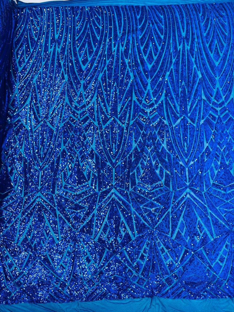 Geometric Luxury Fashion Design with Sequins Embroider on a 4 Way Stretch Mesh Fabric-Sold by The Yard. Royal Blue