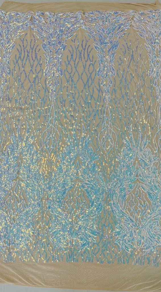 Exotic Fashion Design with Sequins Embroider on a 4 Way Stretch Mesh Fabric-Sold by The Yard. Aqua Iridescent