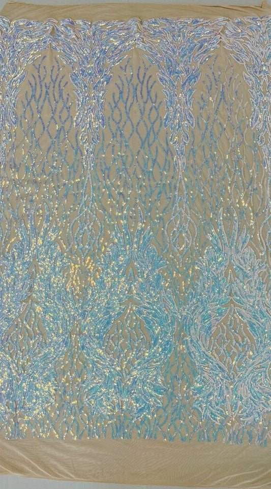 Exotic Fashion Design with Sequins Embroider on a 4 Way Stretch Mesh Fabric-Sold by The Yard. Aqua Iridescent