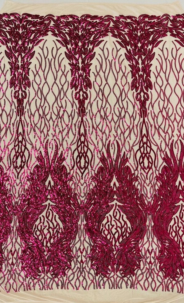 Exotic Fashion Design with Sequins Embroider on a 4 Way Stretch Mesh Fabric-Sold by The Yard. Fuchsia