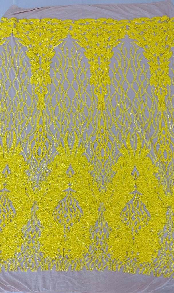 Exotic Fashion Design with Sequins Embroider on a 4 Way Stretch Mesh Fabric-Sold by The Yard. Yellow