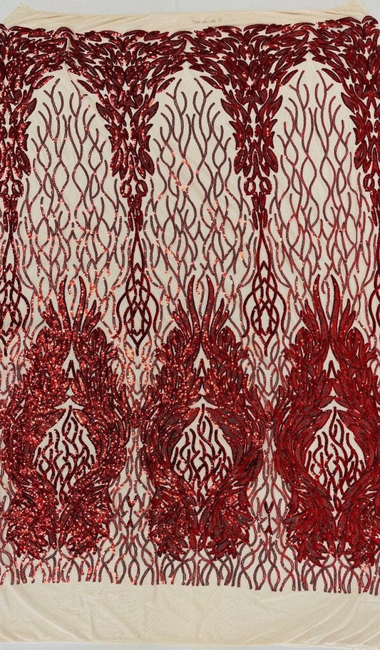 Exotic Fashion Design with Sequins Embroider on a 4 Way Stretch Mesh Fabric-Sold by The Yard. Red