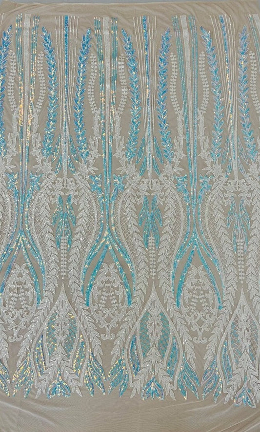 Shark Tail Fashion Design with Sequins Embroider on a 4 Way Stretch Mesh Fabric-Sold by The Yard. Aqua Iridescent