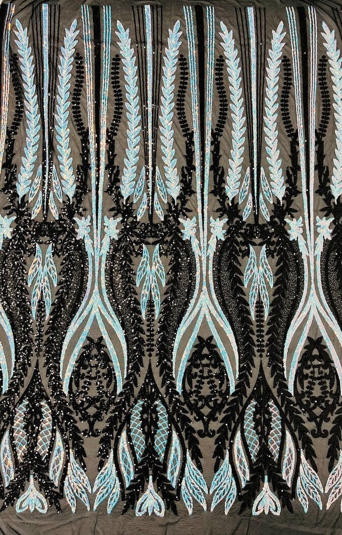 Shark Tail Fashion Design with Sequins Embroider on a 4 Way Stretch Mesh Fabric-Sold by The Yard. Aqua Black Iridescent