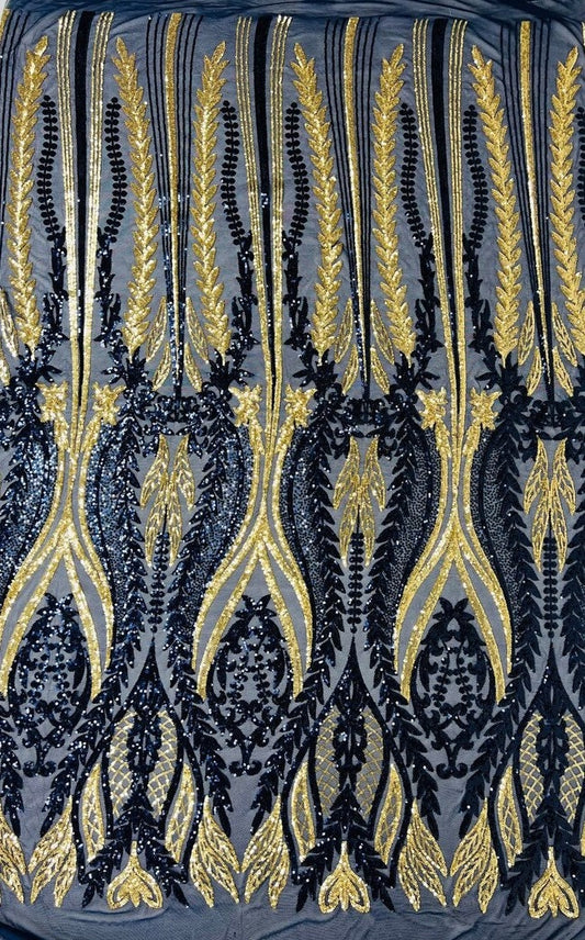 Shark Tail Fashion Design with Sequins Embroider on a 4 Way Stretch Mesh Fabric-Sold by The Yard. Navy Gold