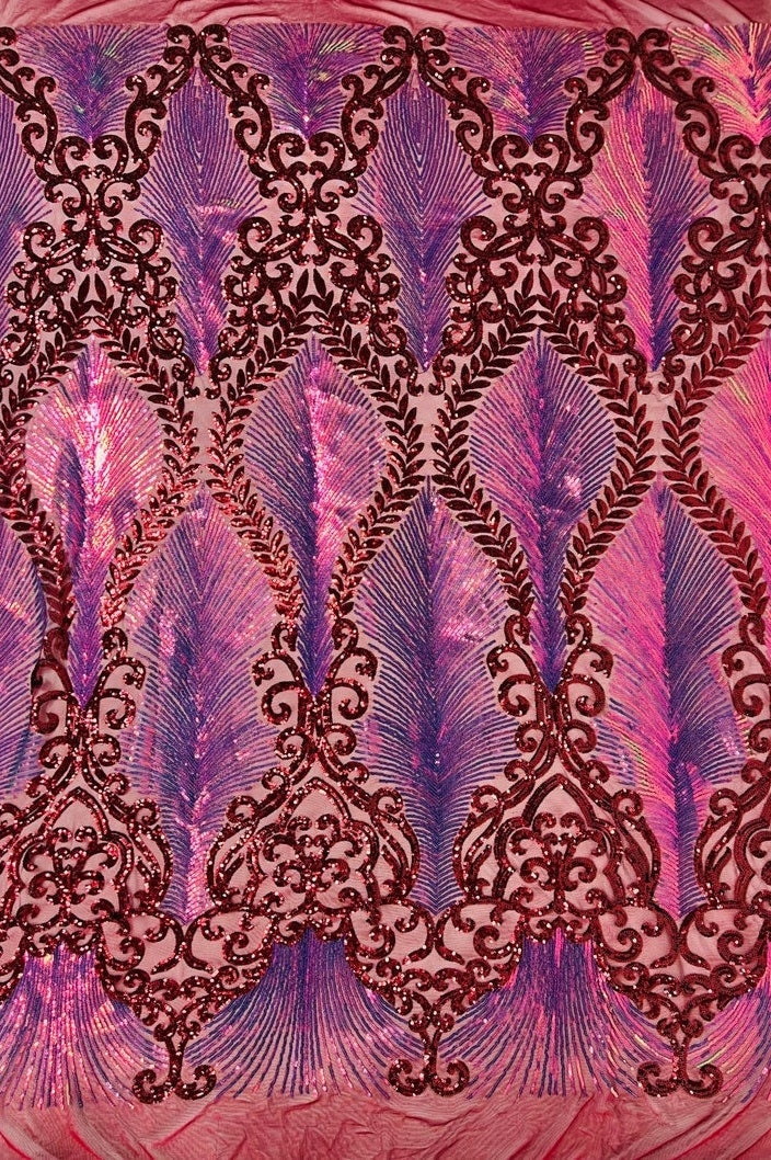 Feather Lux Fashion Design with Sequins Embroider on a 4 Way Stretch Mesh Fabric-Sold by The Yard. Rainbow Burgundy Iridescent