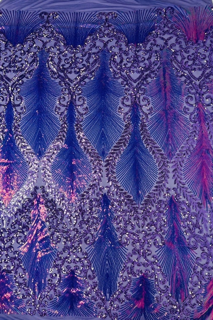 Feather Lux Fashion Design with Sequins Embroider on a 4 Way Stretch Mesh Fabric-Sold by The Yard. Rainbow Lavender Iridescent