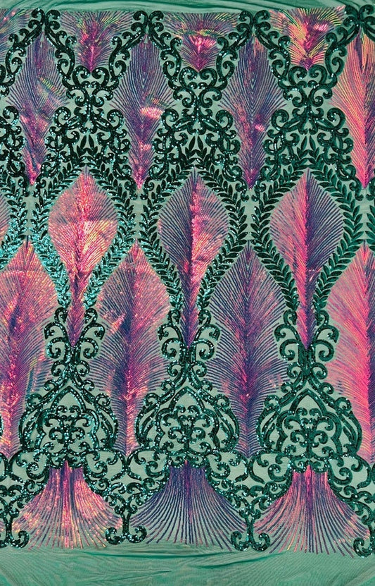 Feather Lux Fashion Design with Sequins Embroider on a 4 Way Stretch Mesh Fabric-Sold by The Yard. Rainbow Hunter Iridescent