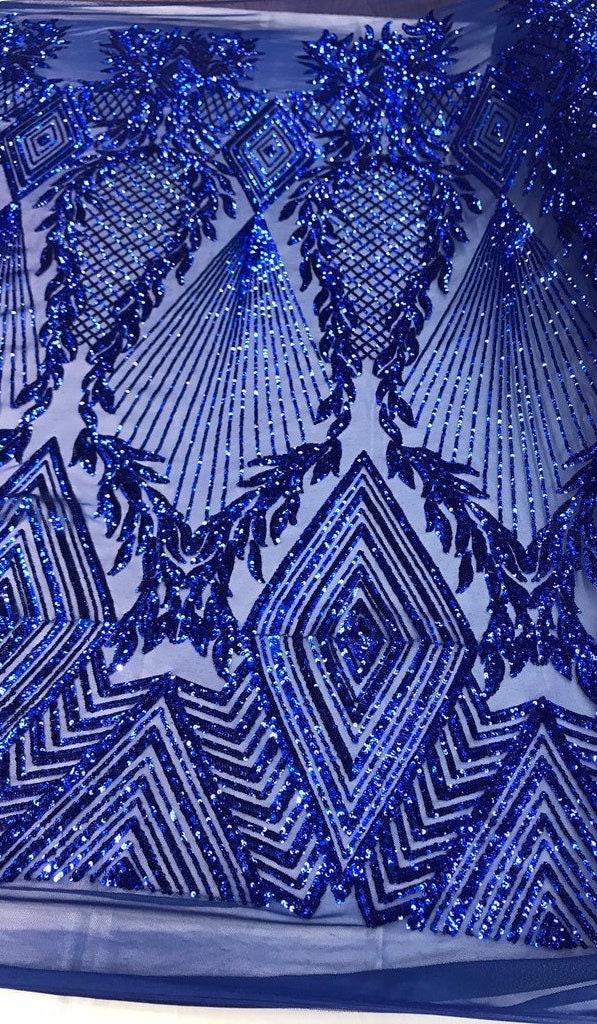 Geometric Diamond Luxury Fashion Design with Sequins Embroider on a 4 Way Stretch Mesh Fabric-Sold by The Yard. Royal Blue