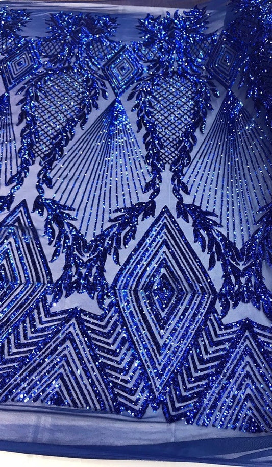 Geometric Diamond Luxury Fashion Design with Sequins Embroider on a 4 Way Stretch Mesh Fabric-Sold by The Yard. Royal Blue